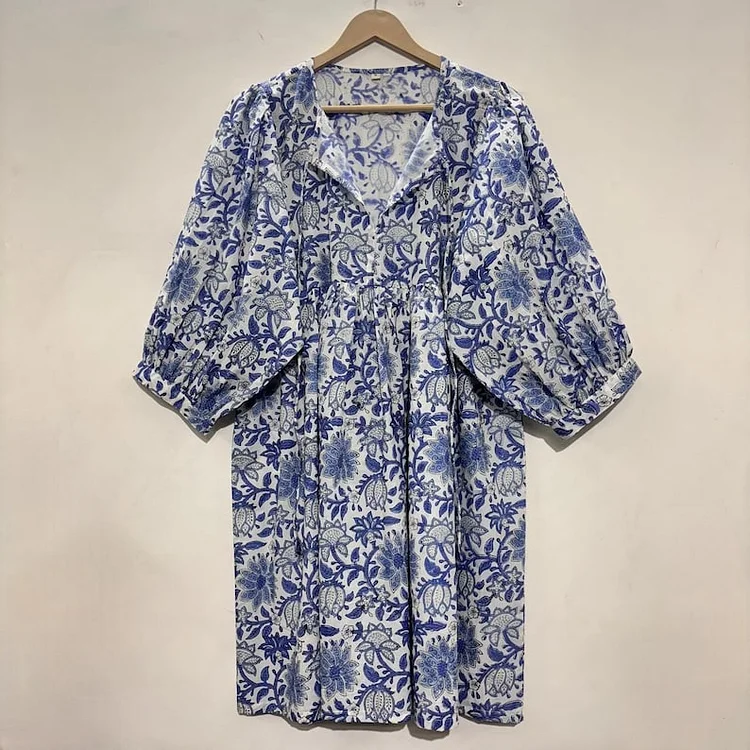 Blue Block Print Soft Cotton Summer Woman Midi Dress &ndash; Tunic for Women with String Closure