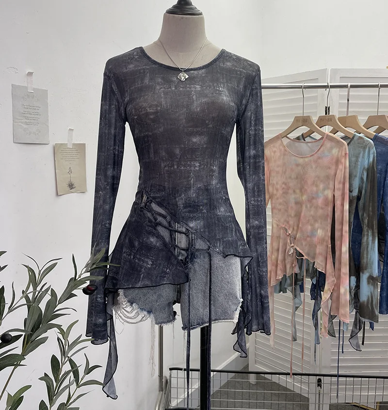 Uveng Irregular Tie With Lotus Leaf Side Tie Print Mesh Yarn Perspective Sunscreen Shirt T-Shirt T-Shirt Short T-Shirt 9928