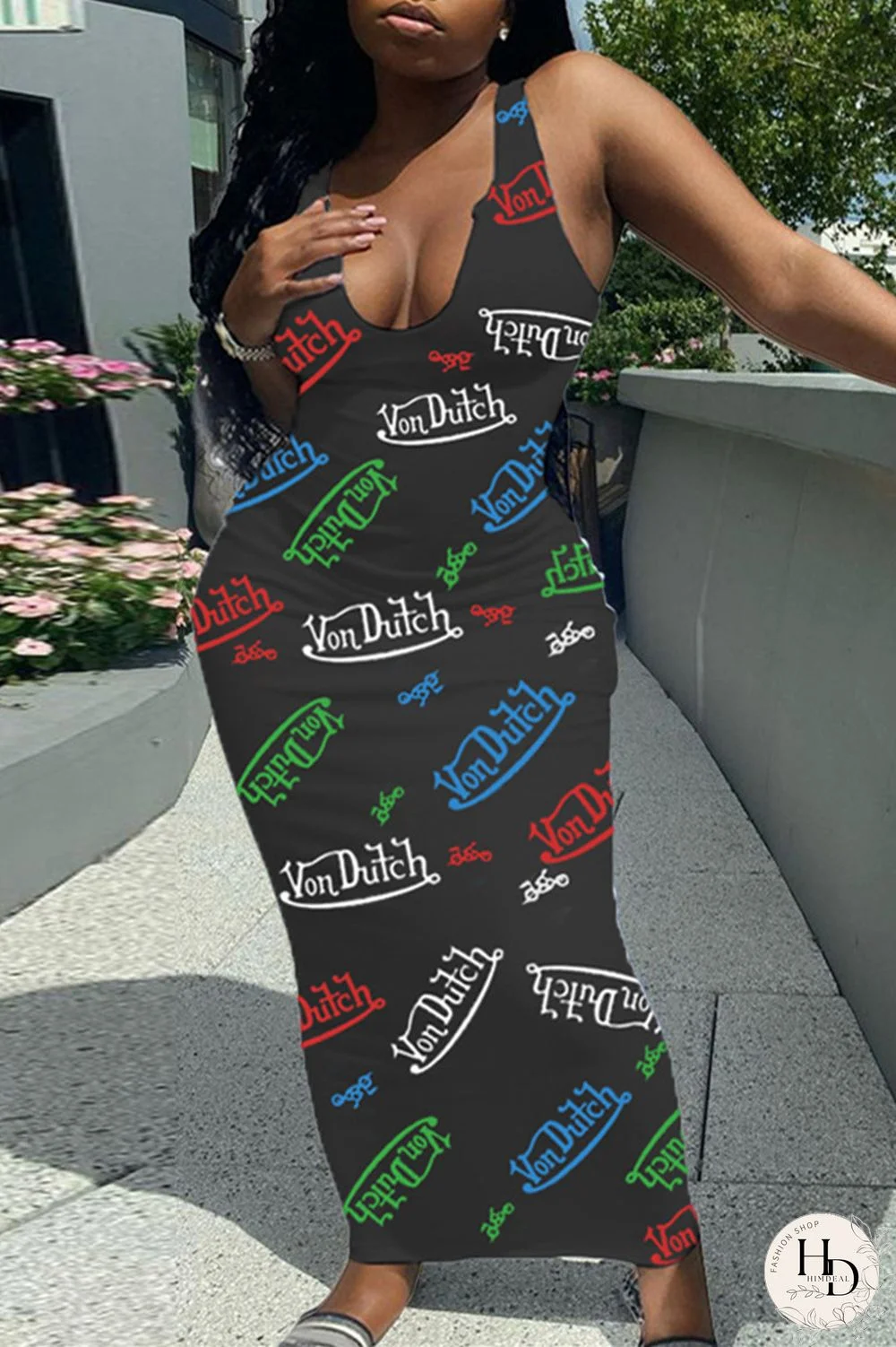 Black Sexy Casual Letter Print Basic U Neck Vest Dress