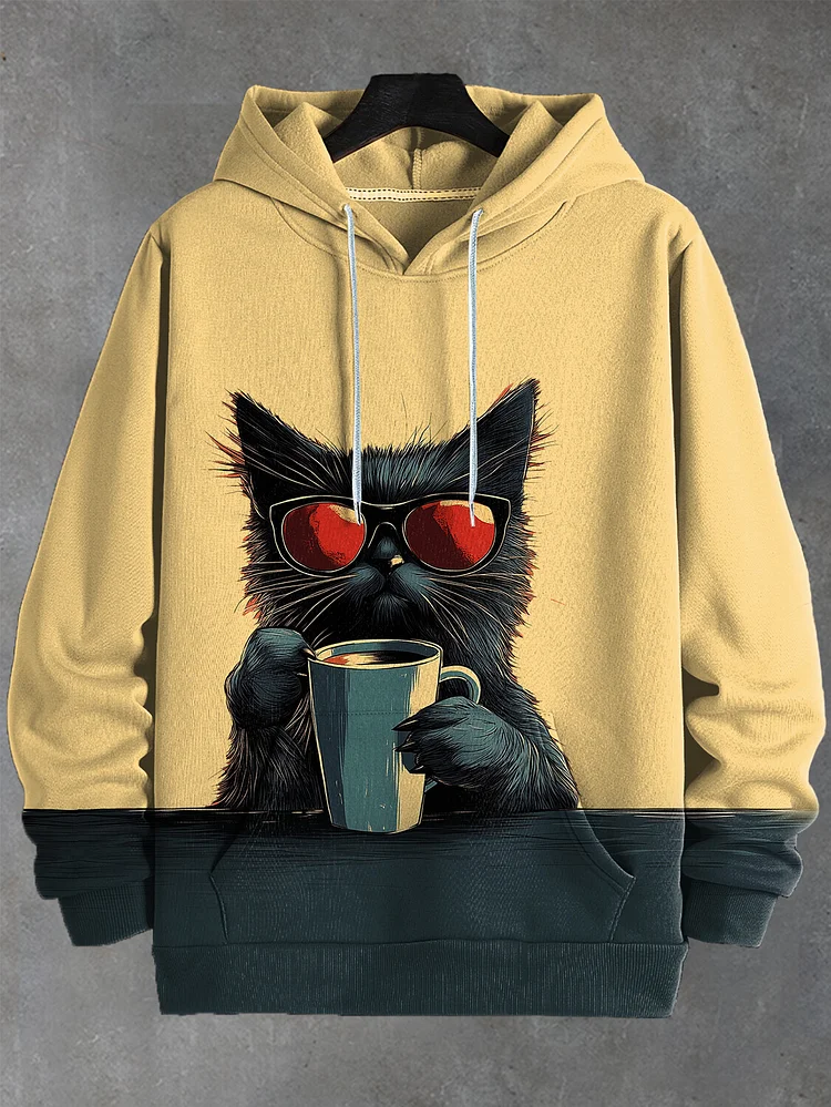 Men's Sunglasses Cat Drinking Coffee Print Hooded Sweatshirt