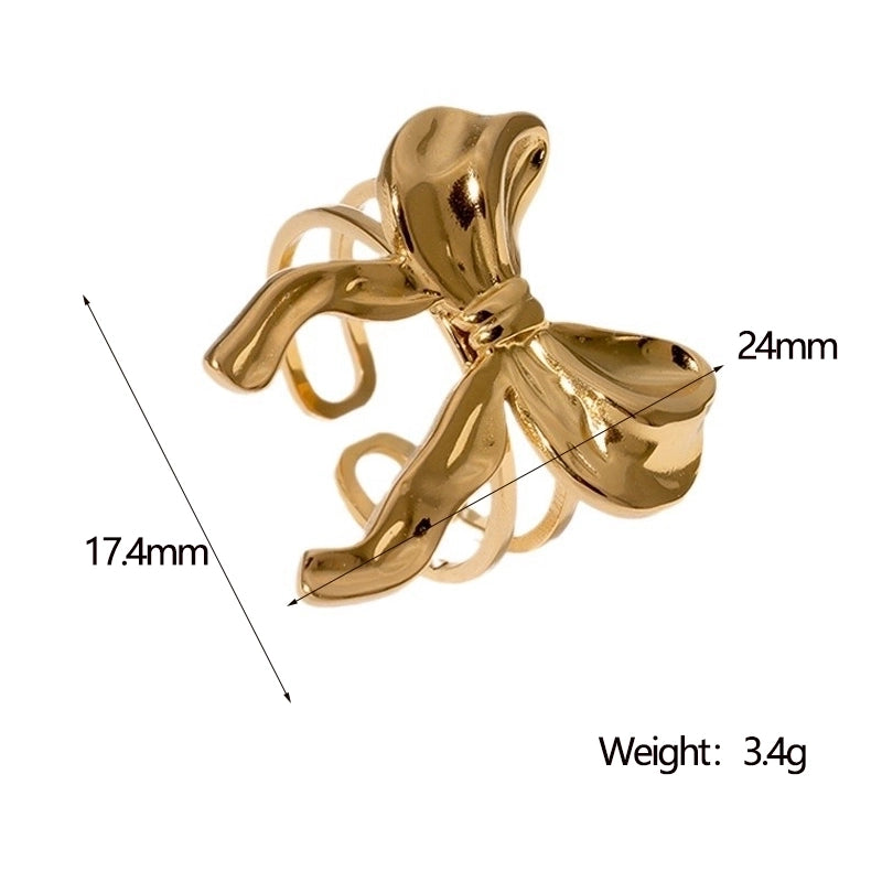 Cute Sweet Minimalist Bow Knot 304 Stainless Steel 18K Gold Plated Open Rings