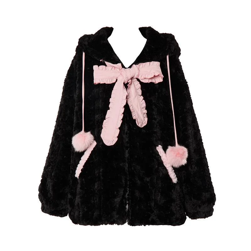 Pink Black Kitty Hoodie Tie Bowknot Coat - Heartzcore