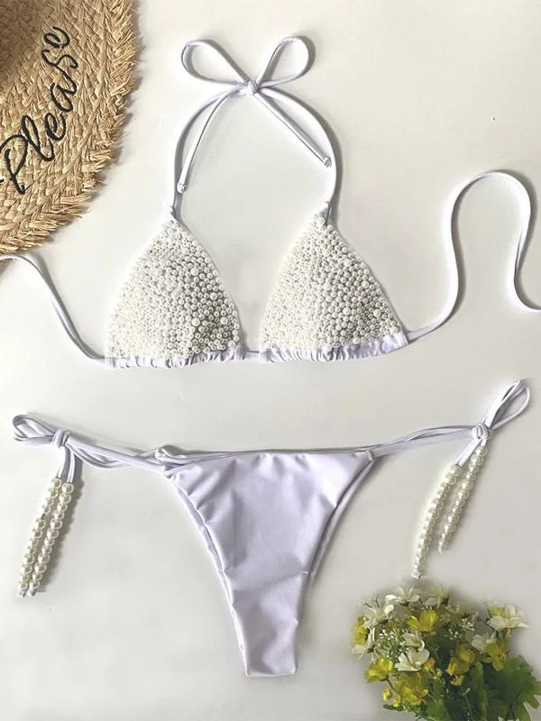 Beaded Triangle  Bandage Split Bikini Swimsuit