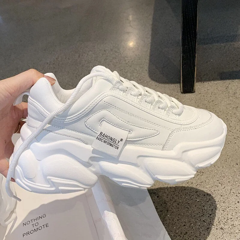 Women Shoes Spring 2021 New White Platform Sneakers Women Shoes Beige Leather Casual Shoes Women Lace-up Women Vulcanized Shoes