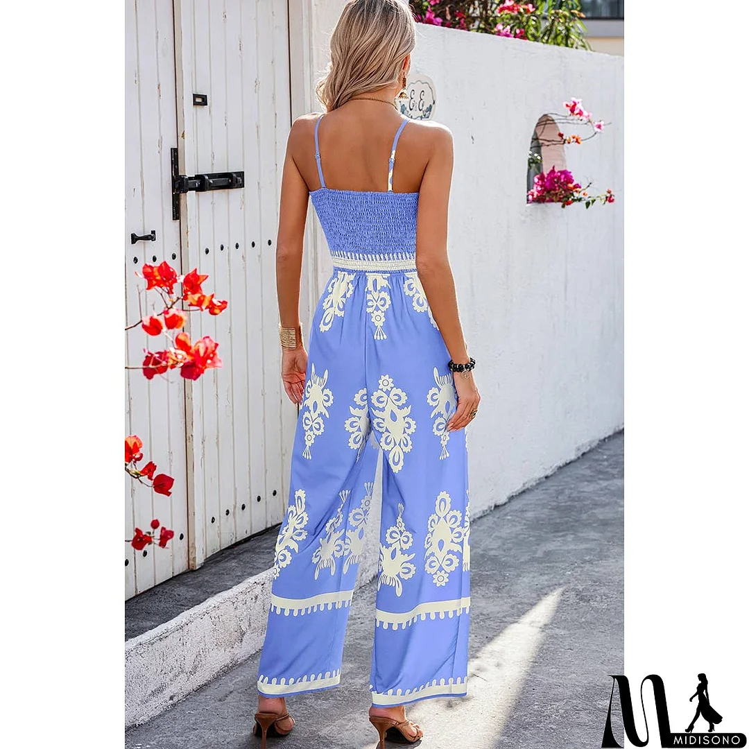 MidiSono - Off Shoulder Ruched Printed High Waist Jumpsuit