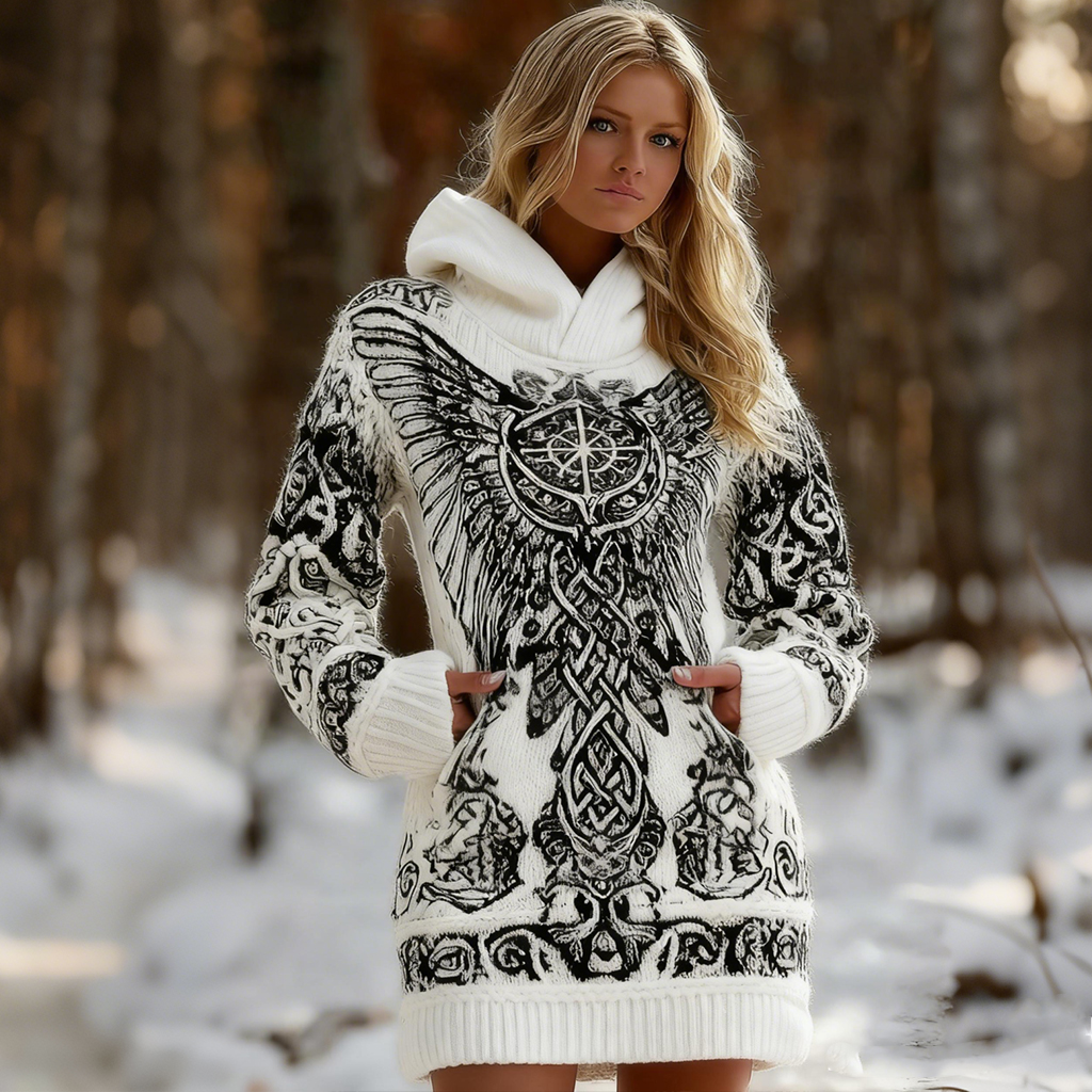 Women's Vintage Viking Celtic Knot And Wings Knit Jacquard Hooded Sweater Dress elevenforest