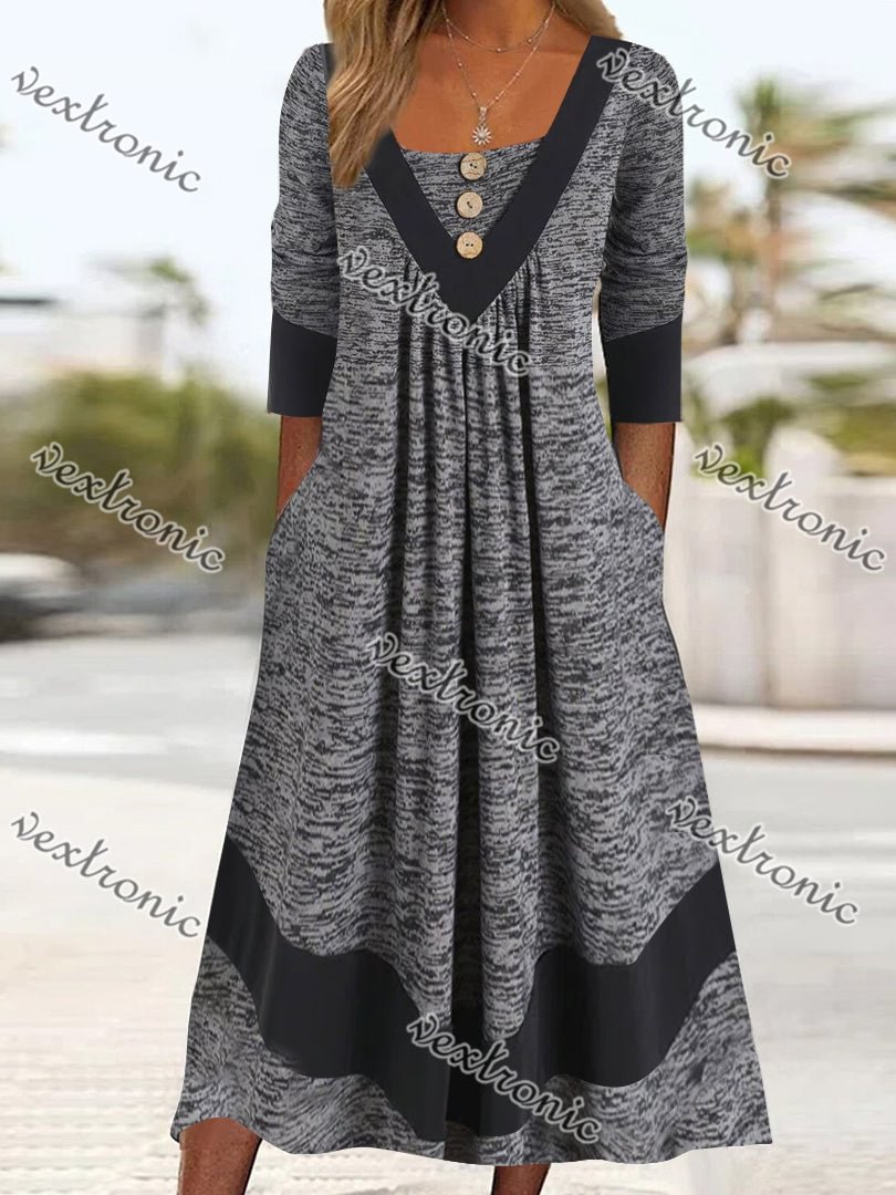 Women's Gray Long Sleeve U-neck Button Midi Dress