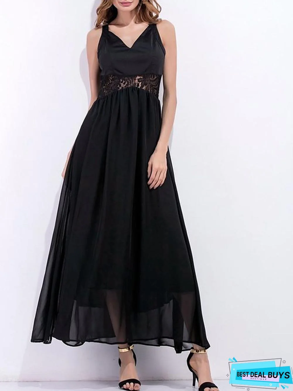 Women's A Line Dress Maxi Long Dress Black Sleeveless Solid Color Summer V Neck Work Sexy Black Dresses