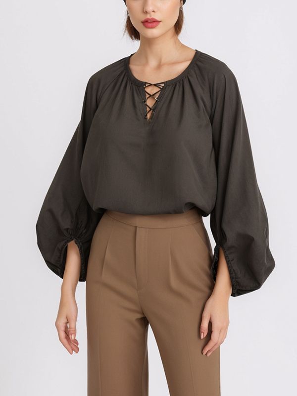 Lantern Long Sleeve Cut-Out Solid Color Blouses