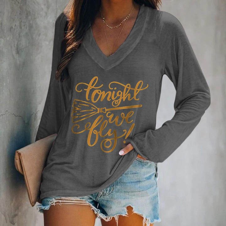 Tonight We Fly Halloween Witch Broom Print T-shirt