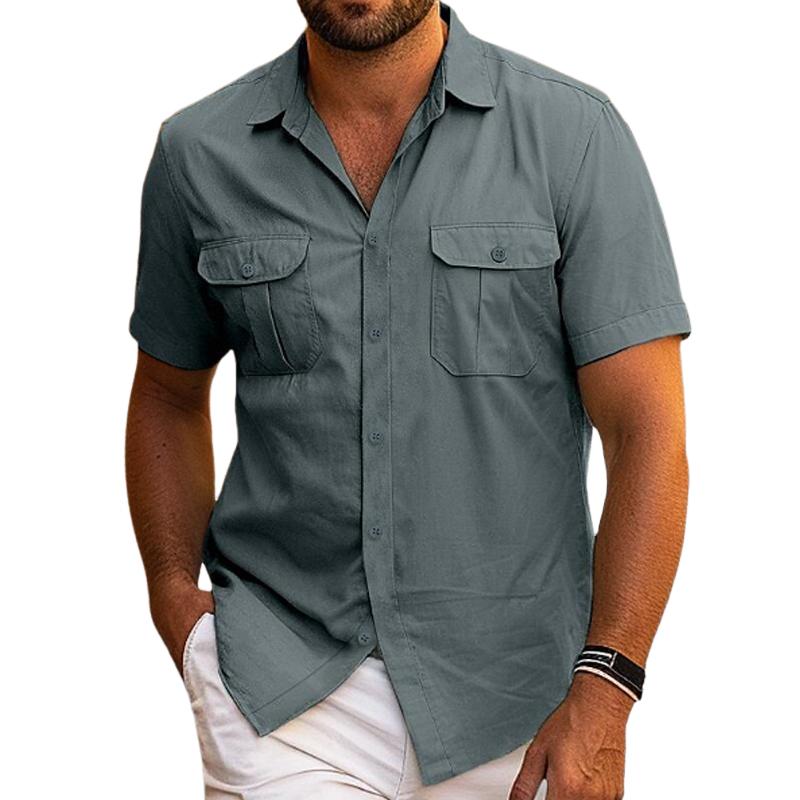 Men's Solid Color Cotton And Linen Double Pocket Short Sleeve Shirt