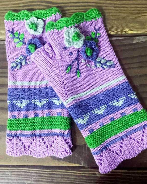Casual Flower Decor Knitted Gloves Handwarmers - Chicaggo