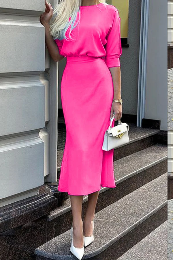 Solid Color Mid-Sleeve Commuting Mid-Length Dress