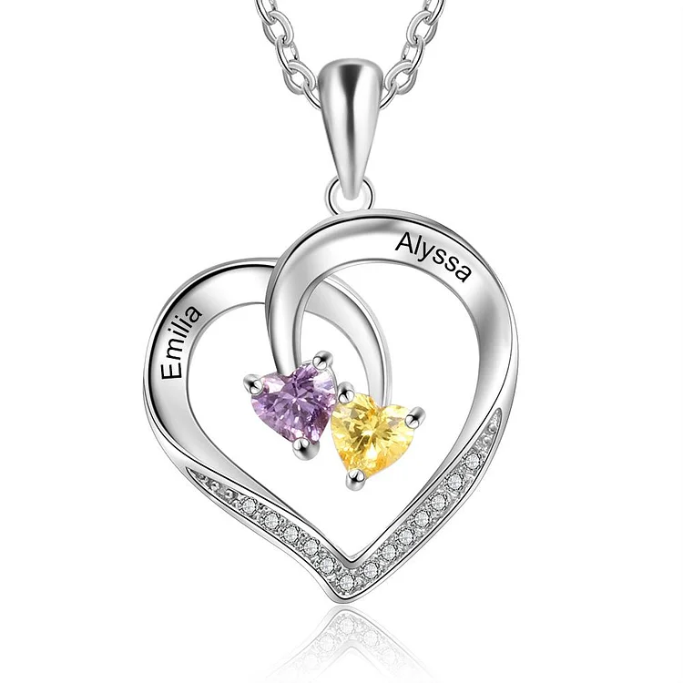 Engraved Intertwined Heart Birthstone Necklace Personalized Love Necklace with 2 Stone 2 Names