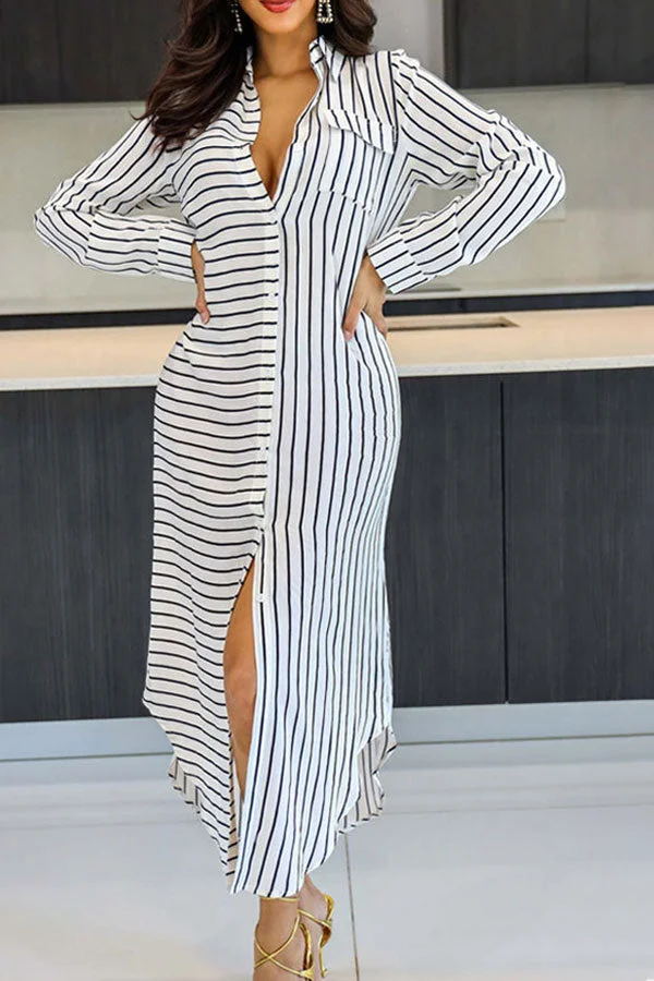 Striped Classic Single Breasted Midi Dress
