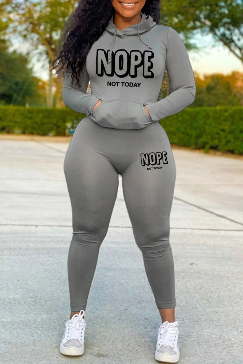 Grey Casual Sportswear Print Patchwork Hooded Collar Long Sleeve Two Pieces