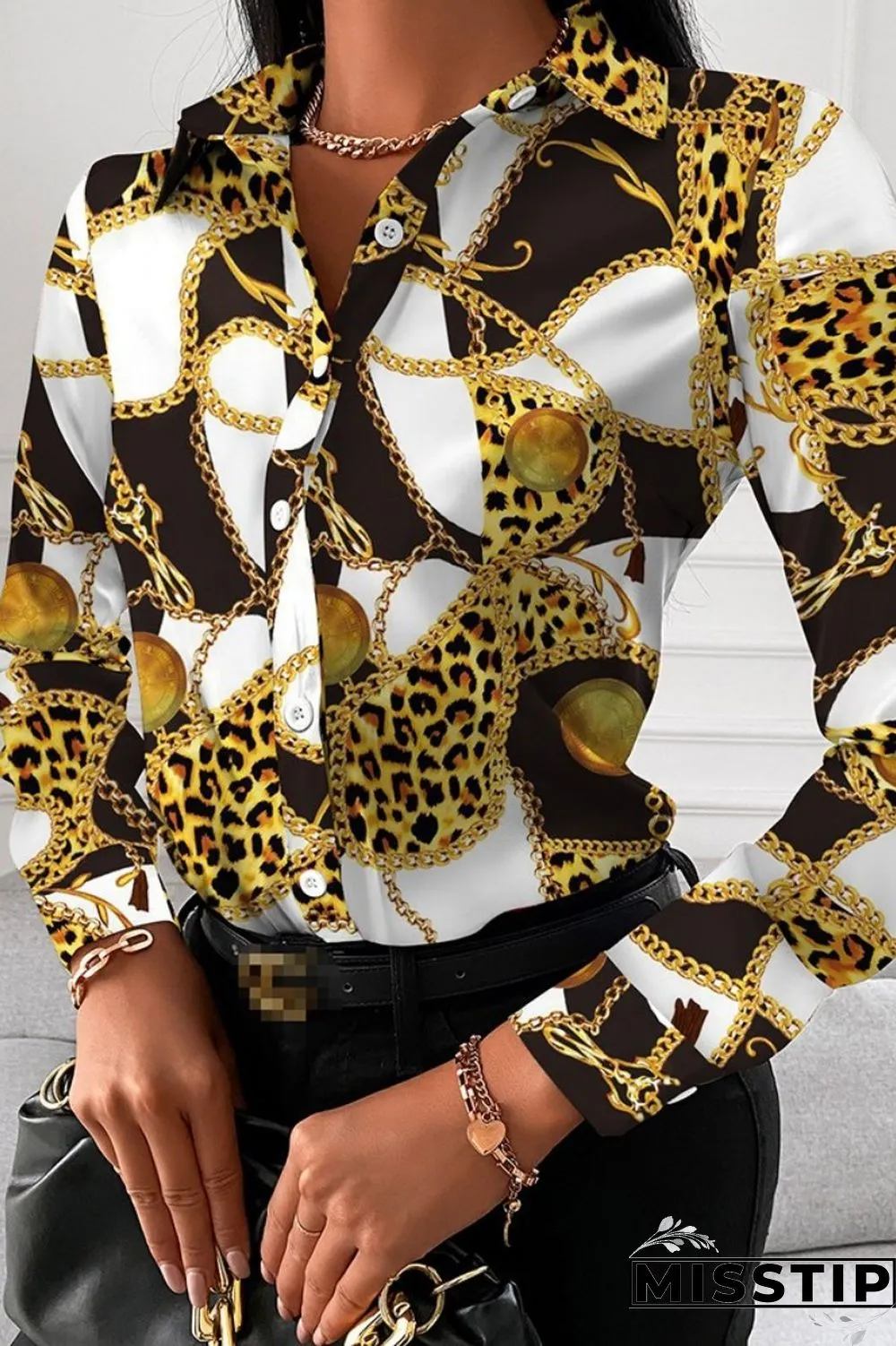 Black Red Casual Print Patchwork Shirt Collar Tops