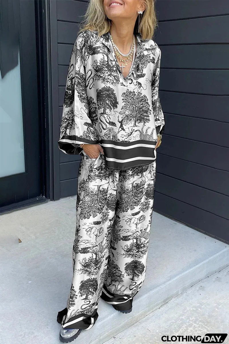 Casual Street Floral Print Distressed Draw String Pocket V Neck Long Sleeve Two Pieces(8 Colors)