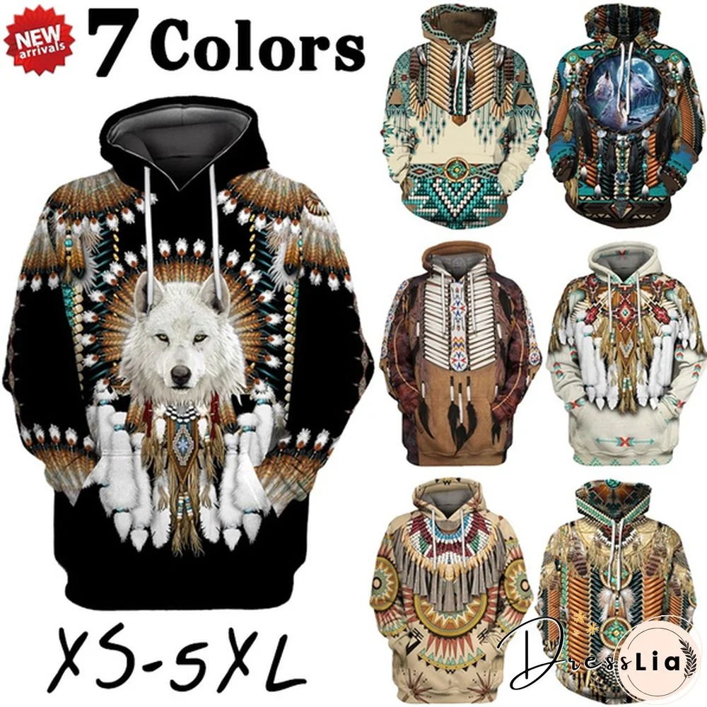 Native Indian Wolf Pattern New Fashion 3D Printed Hoodies Novelty Men Women Hip Hop Vintage Hooded Sweatshirts Print Loose Pullover Hoodie Tops