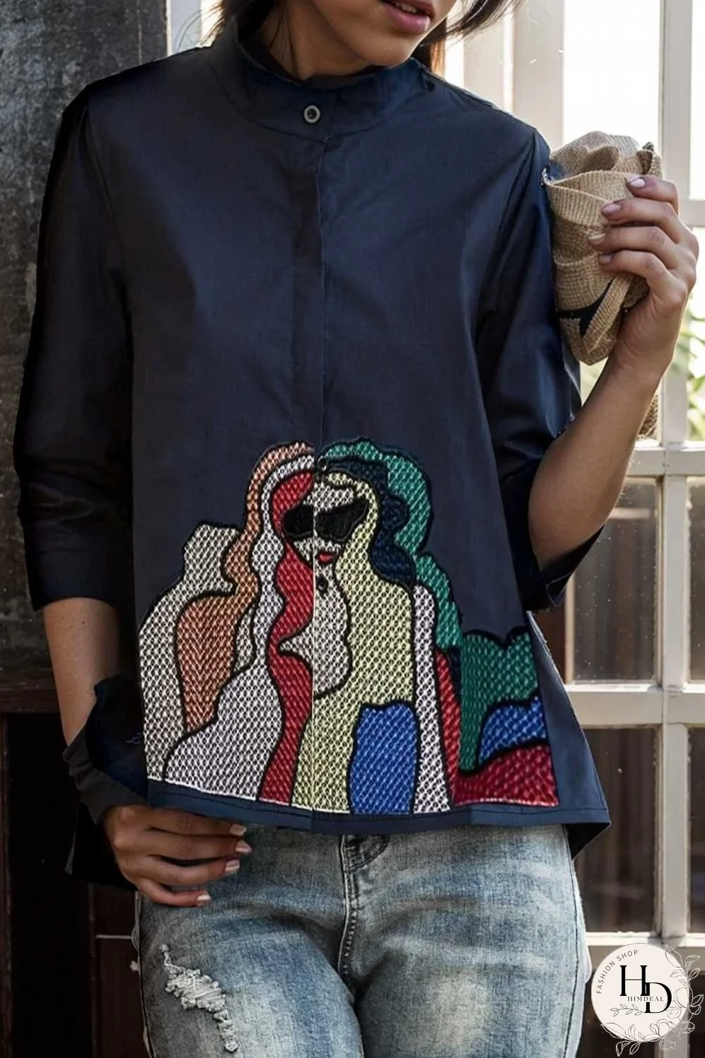 embroidered button mid sleeve casual blouse