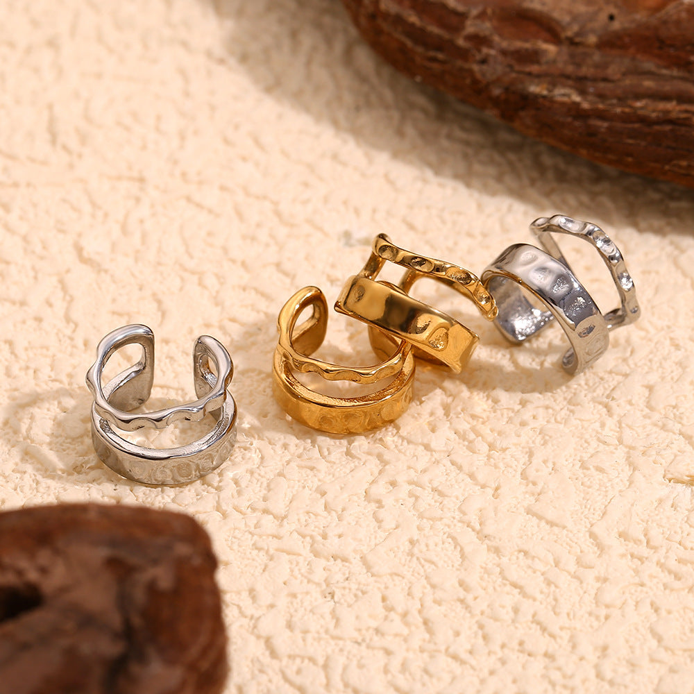 Fashionable Niche Design Personality Earrings Stainless Steel Plated 18K Gold Irregular Hammered Pattern Ear Clips A Pair