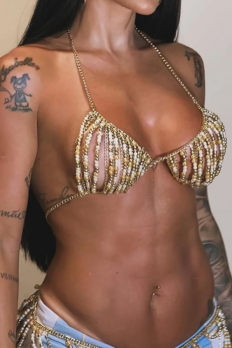 Faux Pearls Beaded Halter Bra Chain Crop Top-Gold