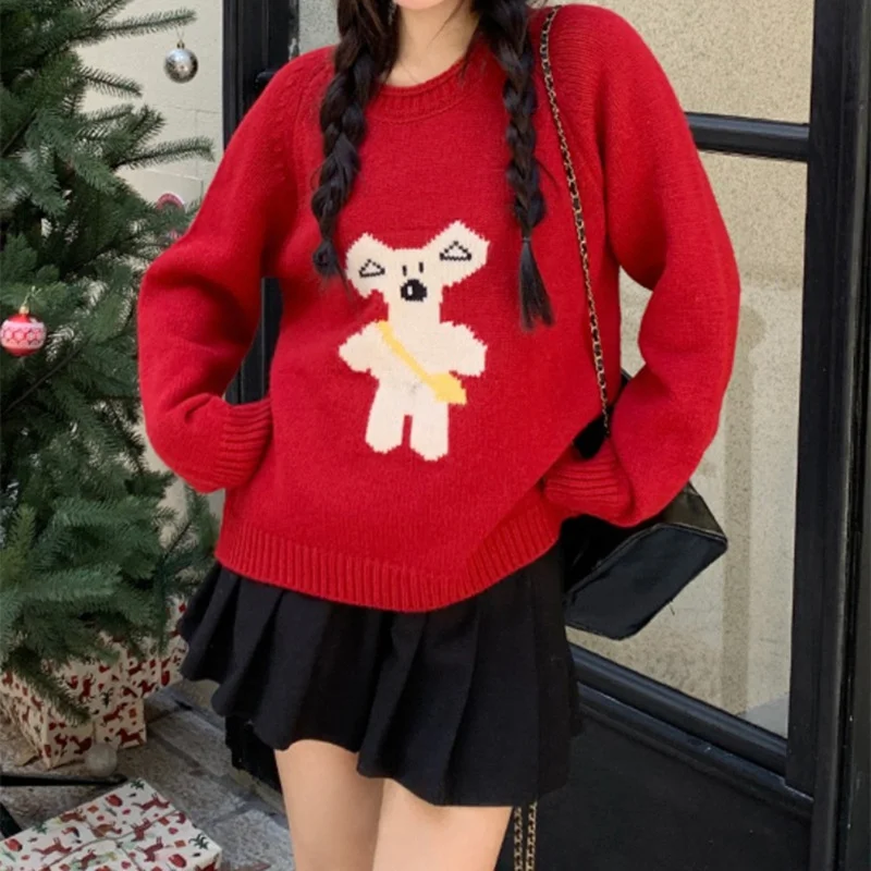 Churchf Churchf Shot 2024 Winter New Sweet Age Reduction Leisure Cartoon Embroidery Round Collar Inserted Shoulder Sleeve Sleeve Sweater Women