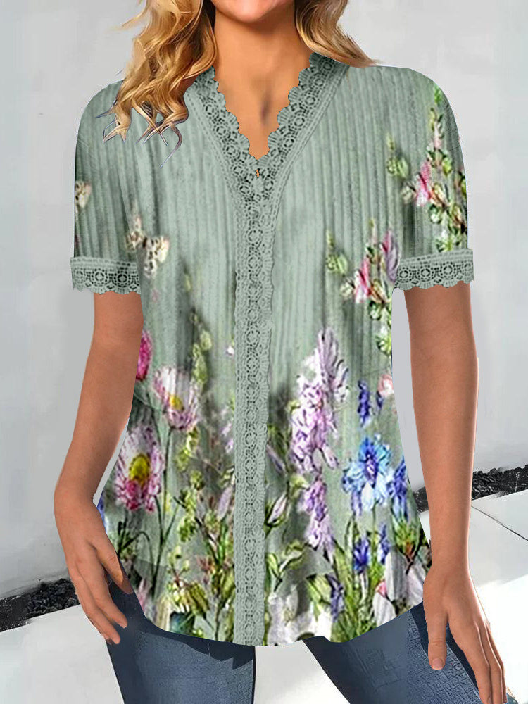 Women Short Sleeve V-neck Floral Printed Printed Graphic Lace Tops