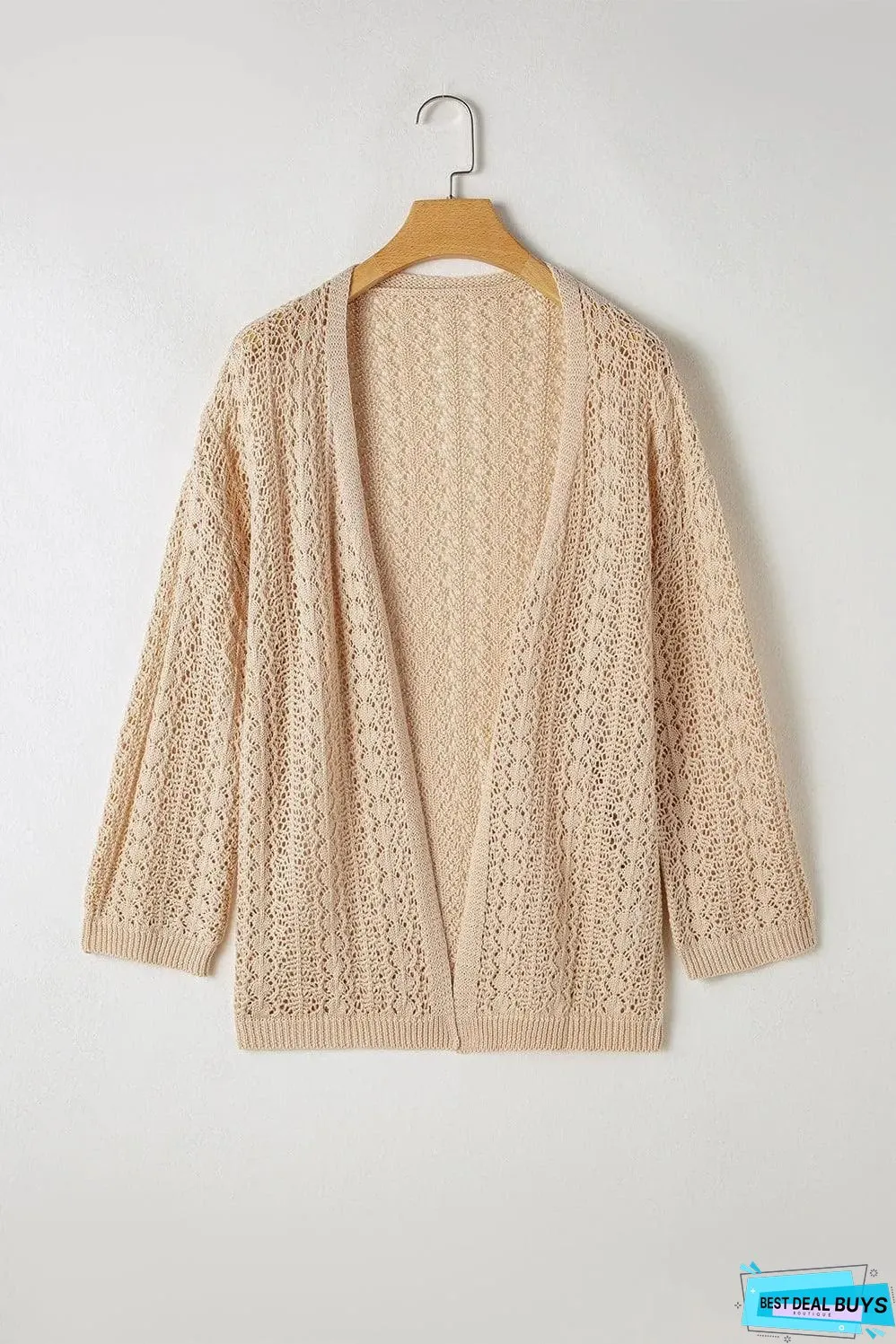 Apricot Hollow Out Knit Drop Shoulder Open Front Cardigan