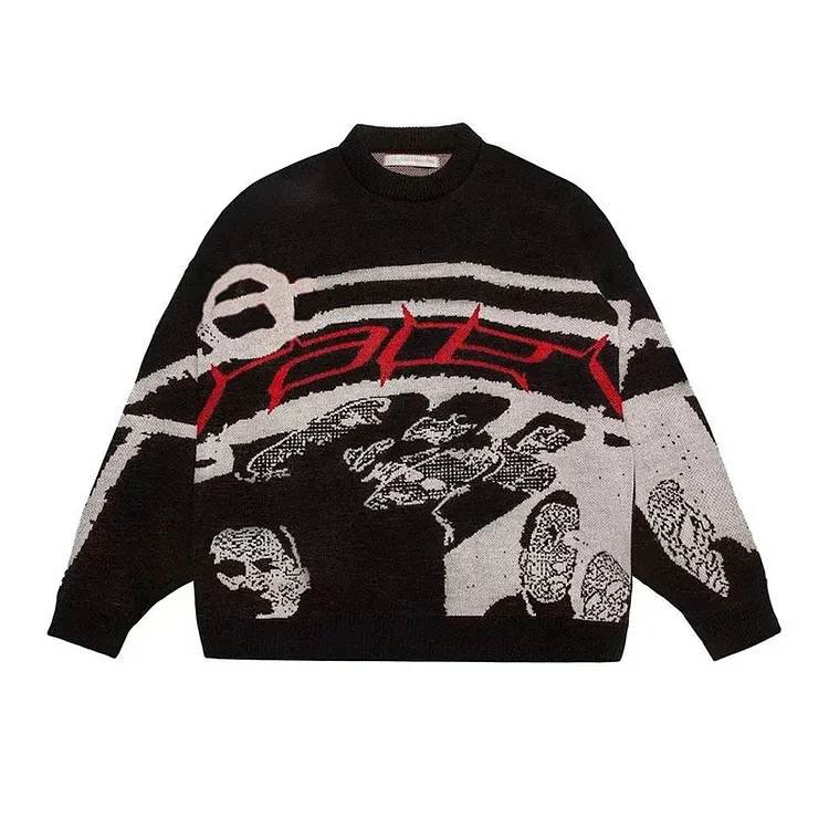 Y2K Hip Hop Oversized Sweater Stripes Printed Knitted Pullover Gothic Tops at Hiphopee