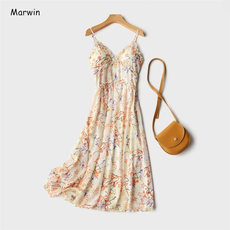Marwin 2020 New-Coming V-Neck Spaghetti Strap Cascading Ruffle Empire Summer Women Dresses High Street Print Floral Female Dress