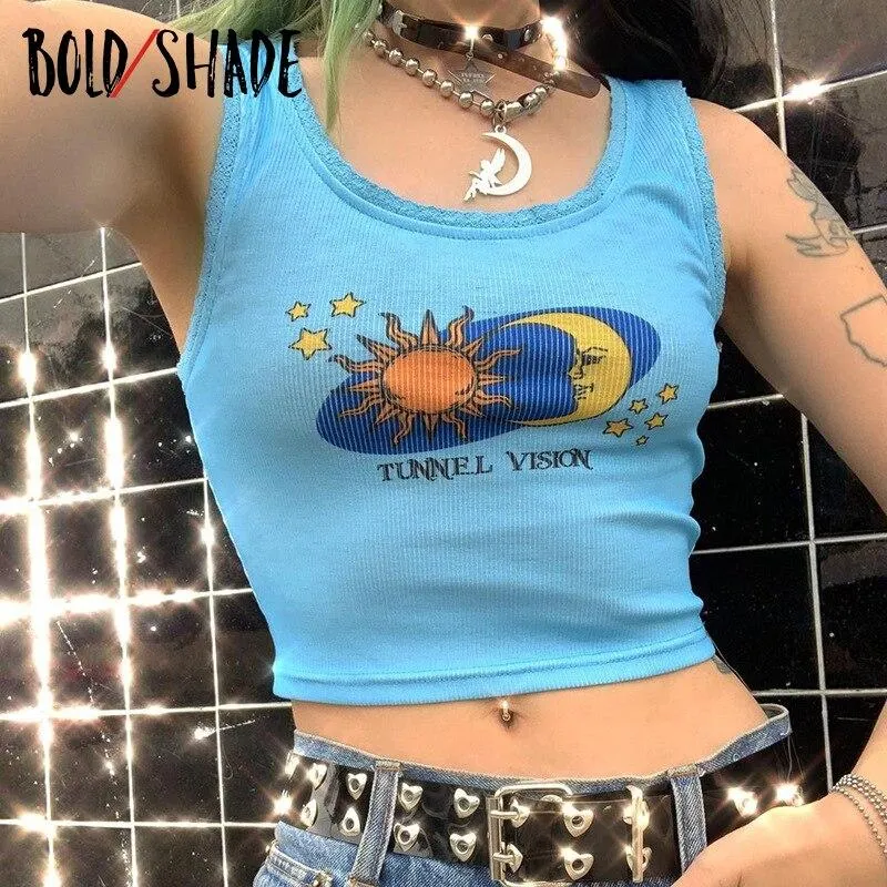 Bold Shade Harajuku 2000s Aesthetic Tank Tops Women Sleeveless Y2K Vintage Indie Clothes Crop Top Grunge Streetwear Fashion Cami