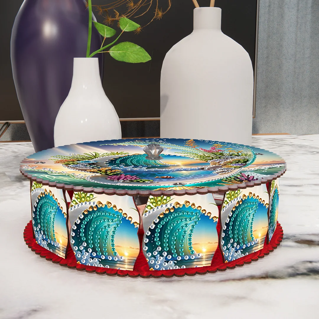 Waves 5D DIY Diamond Art Painting Snack Box with Lid Home Wood Storage Organizer