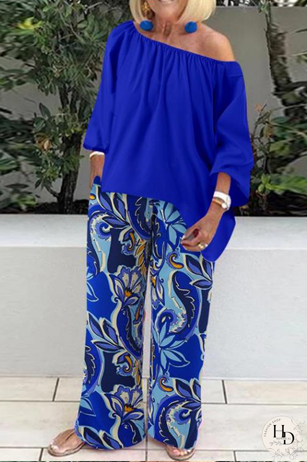 Blue Casual Print Patchwork One Shoulder Half Sleeve Two Pieces