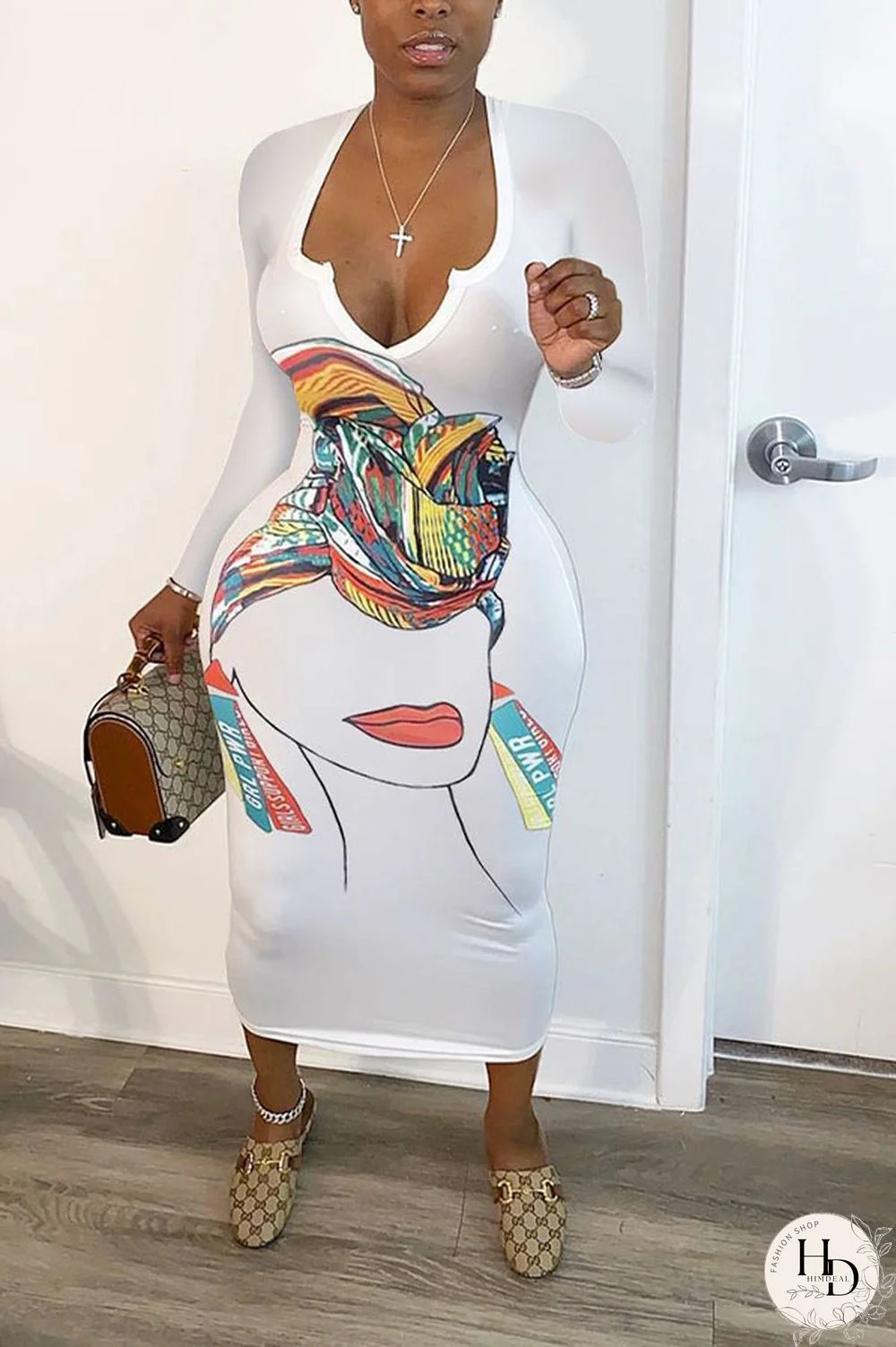White Sweet Polyester Print V Neck Long Sleeve Knee Length Dresses