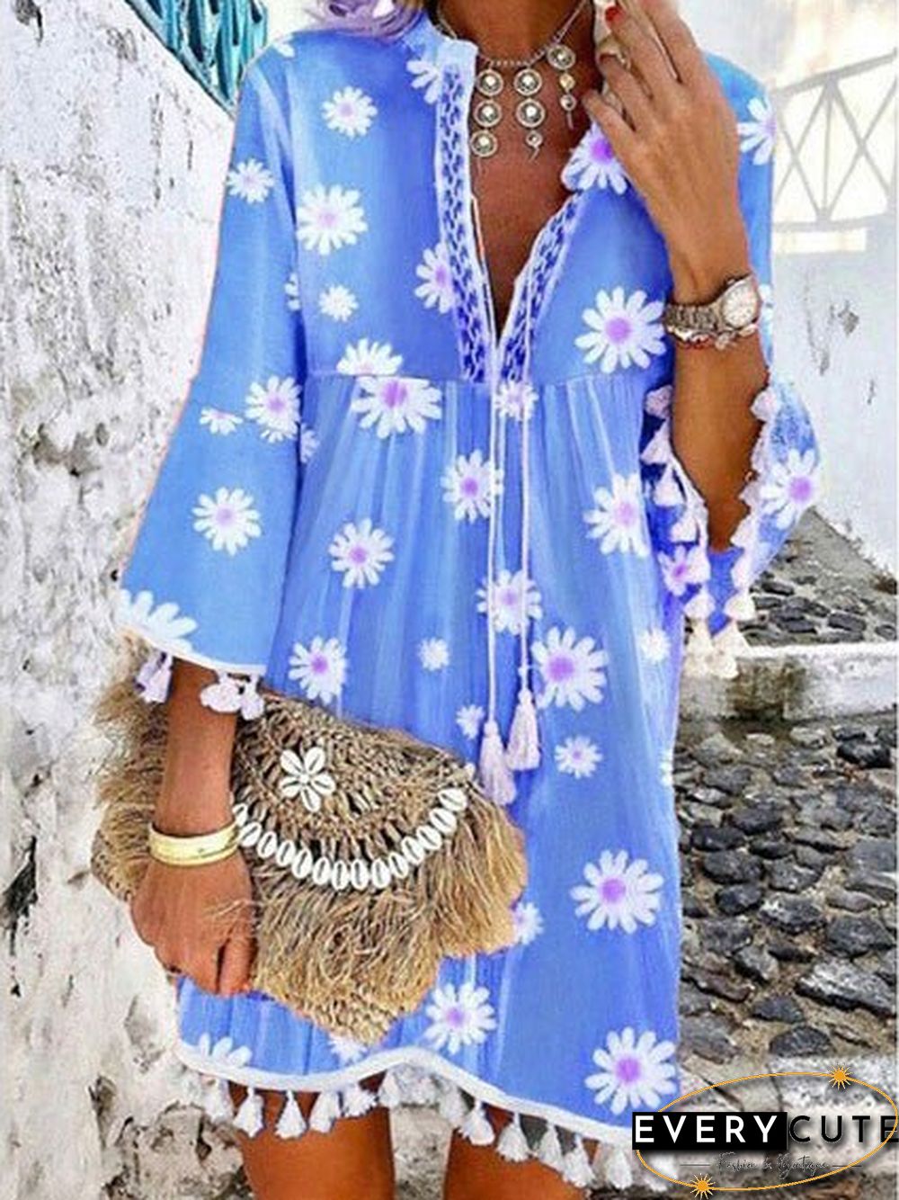 Women'S Dresses Daisy Print V-Neck Fringe Dress