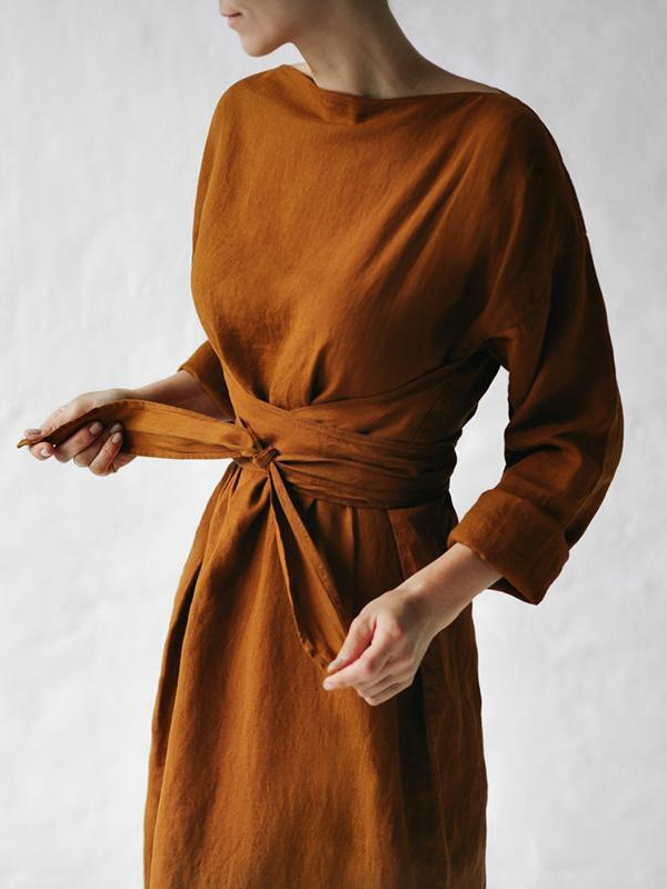 Cotton And Linen Long-sleeved One-neck Tie Dress hjn Shicloths
