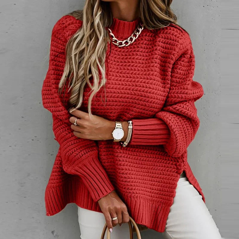 Athvotar Athvotar Autumn And Winter Half-High Collar Loose Solid Color Long-Sleeved Thick Needle Side Fork Knitting Sweater Woman