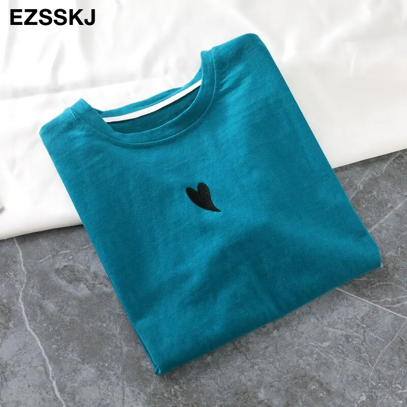 spring summer Women basic heart embroidery T-shirt Casual Loose short sleeve bottom candy color cotton T-shirt  Female Tops