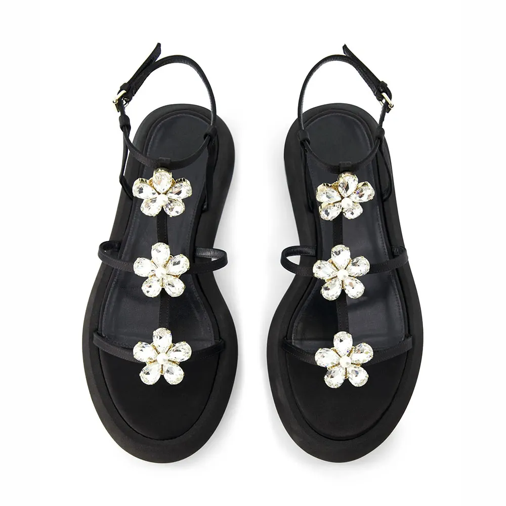 Black Round Toe Rhinestone Pearl Platform Ankle Strap Sandals