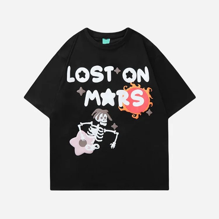 Skull Lost On Mars Puff Print Short Sleeve T-Shirt