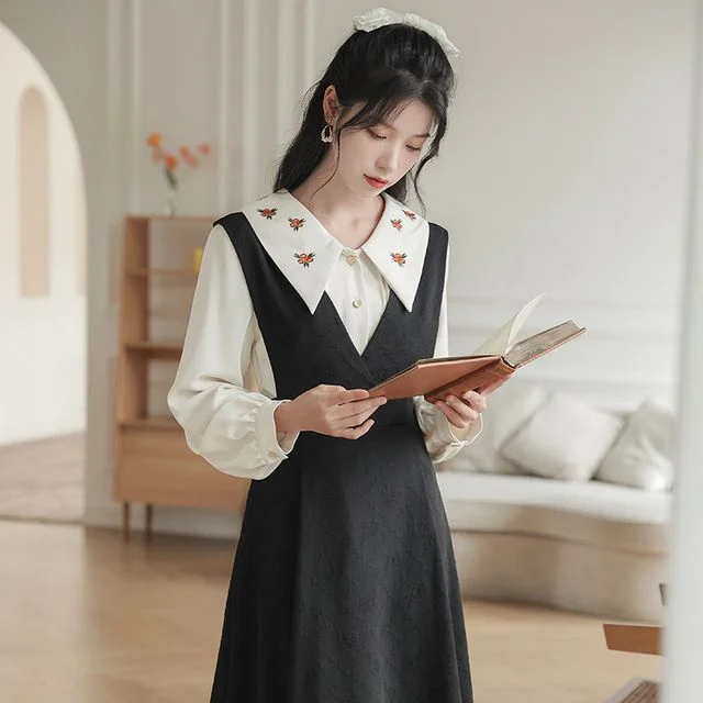 Set: Long-Sleeve Embroidered Collar Blouse + V-Neck Plain Overall Dress WE9