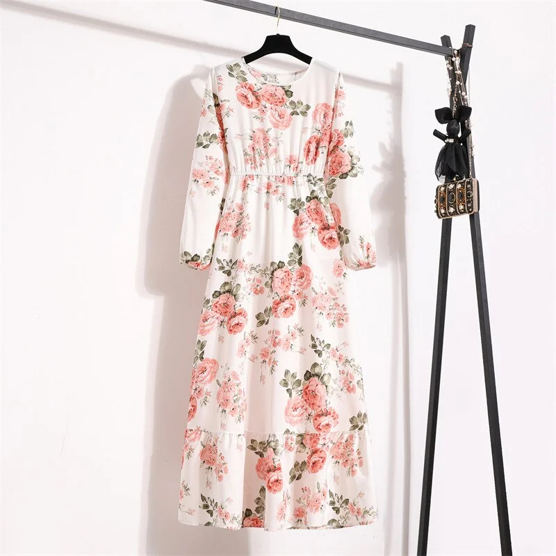 2023 Spring New Fragmented Round Neck Long Sleeve Waist Slim A-line Dress Elegant Women's Chiffon Printing Casual Dress Vestidos