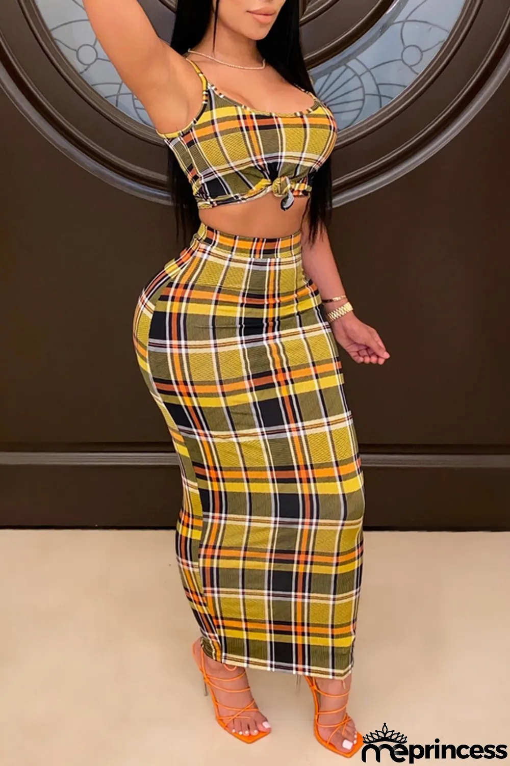 Blue Sexy Plaid Print pencil Sleeveless Two Pieces