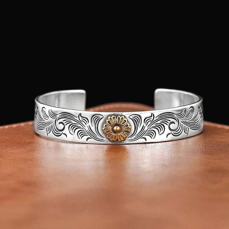 S925  Antique carved rose arabesque open adjustable bracelet
