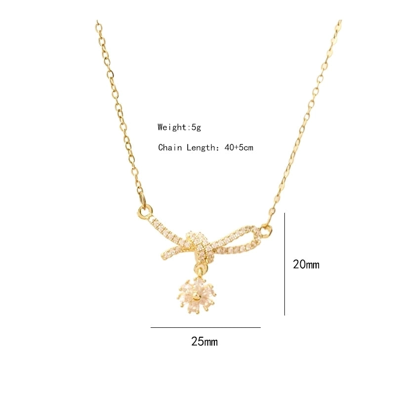 304 Stainless Steel Copper 18K Gold Plated K Gold Plated Inlay Bow Knot Zircon Pendant Necklace