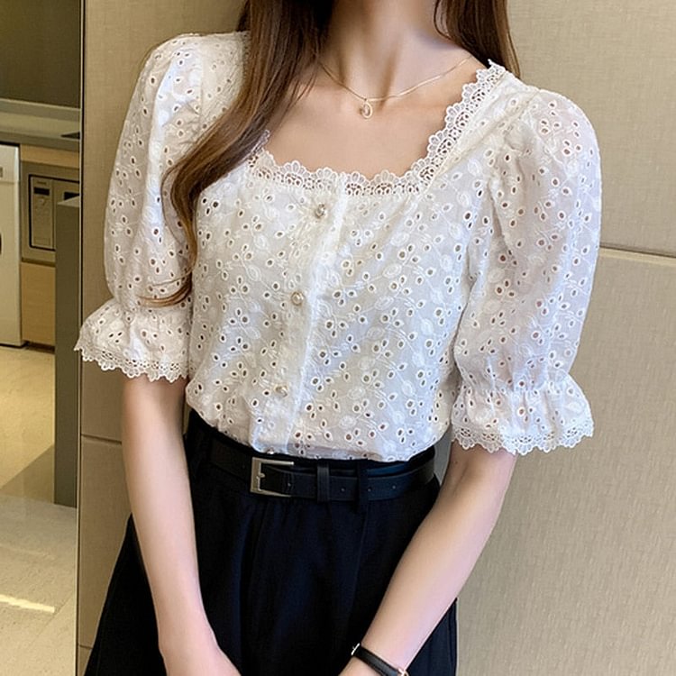 Fashion Elegant Summer Short Sleeve Woman Shirts Square Collar Hollow Out White Blouse Women 2021 Korean Lace Shirt Blusas 13934