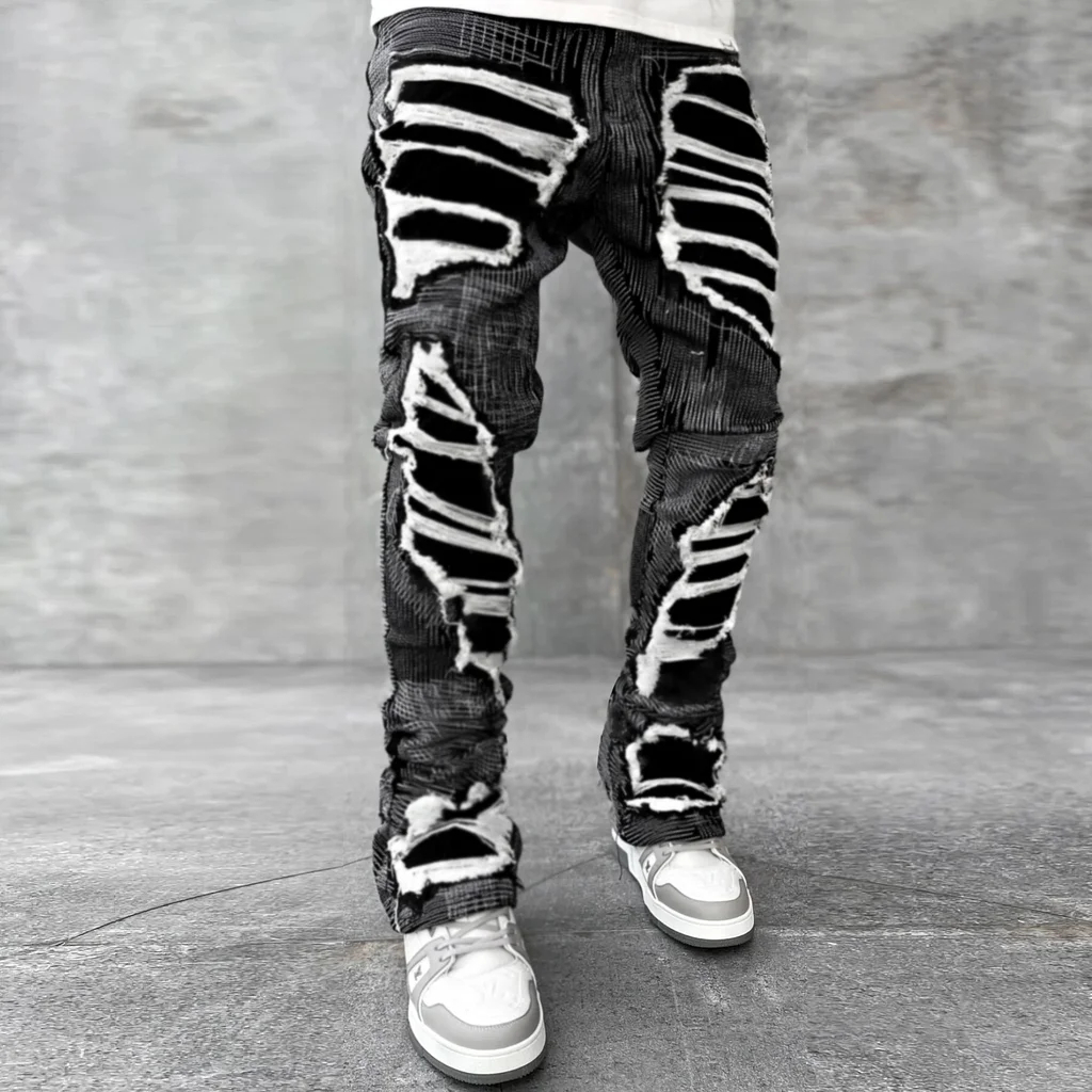 Retro Trendy Imitation Ripped Stacked Printed Flared Sweats Trousers