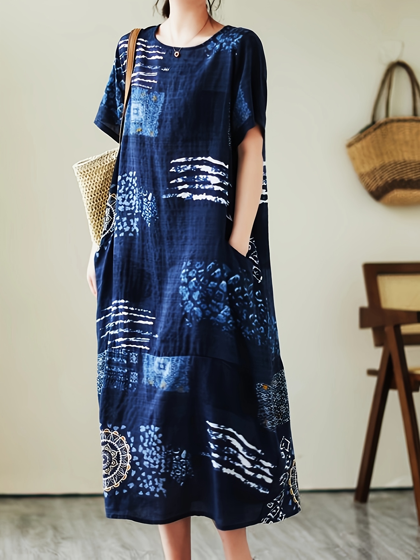 Stylish Spring/Summer Linen Print Casual Loose Fit Short Sleeve Dress | IFYHOME