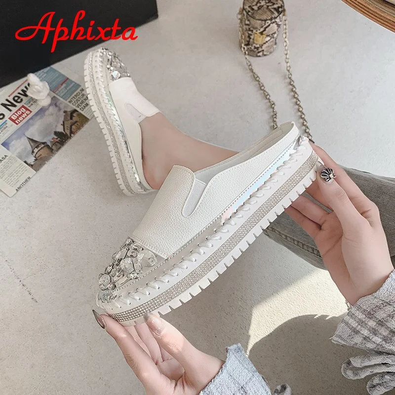 Aphixta 2021 New Crystals Flat Platform Mules Women Bling Diamond Rubber Rhinestone Lofers Shoes Fashion Slides Plus Size 42 43